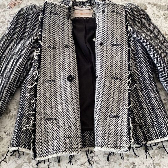 NWT Tory Burch Sammy Herringbone Tweed Raw Edge Double Breast Jacket Sz 8 - Picture 13 of 13